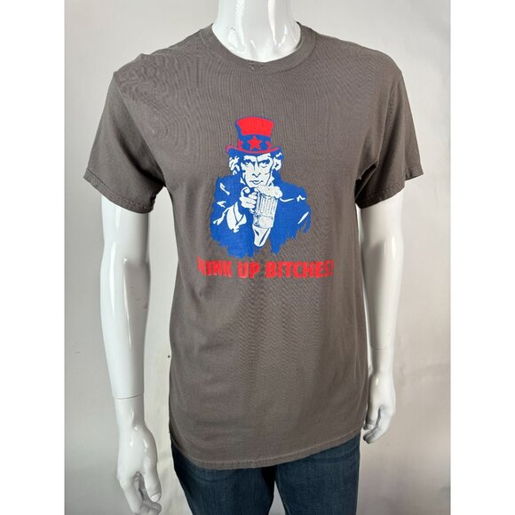Gildan Heavy Cotton Gray Graphic T-Shirt "Drink Up!" Uncle Sam Design M - Picture 15 of 16